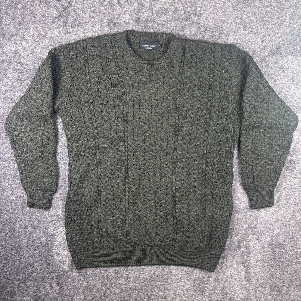 Men's Rue St Patrick Loden Green Wool Cable Fisherman Sweater Made in Ireland XL